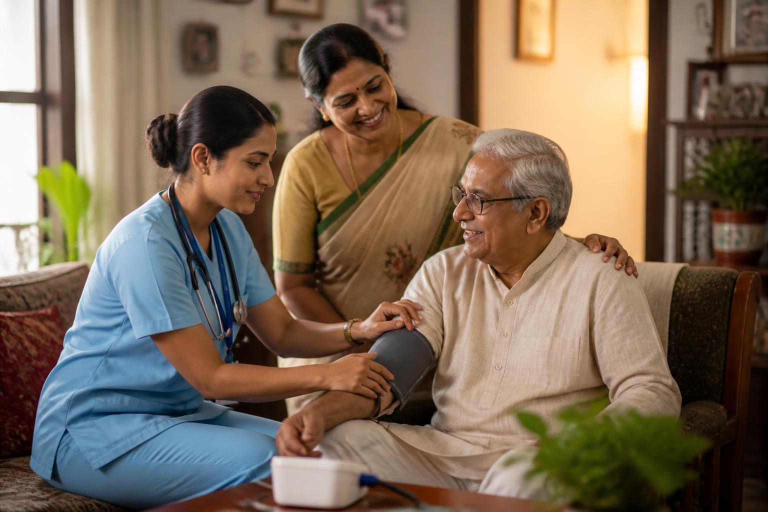 Nurse caring for elderly patient at home